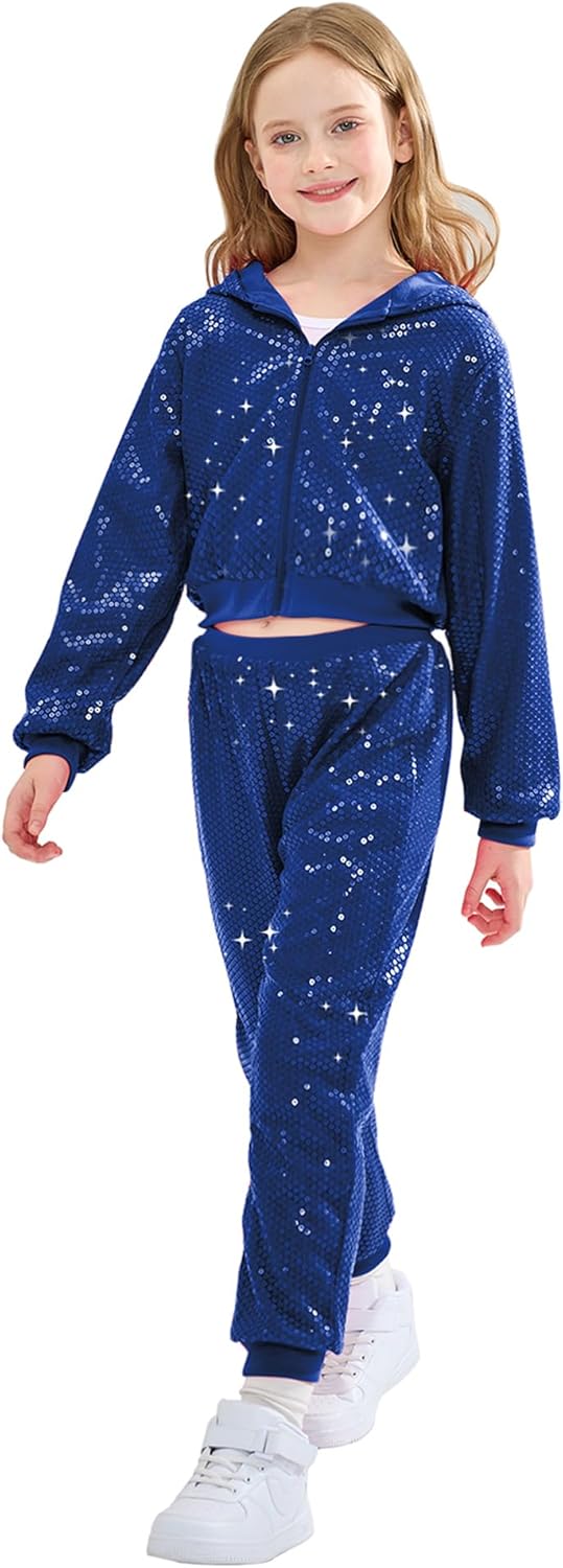 Girls Dance Outfits Cropped Sequin Jacket Pants Set for Kids