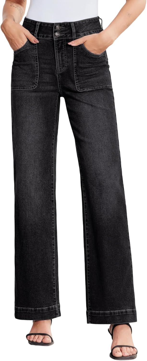Wide Leg High Waisted Stretchy Tummy Control Jeans for Women
