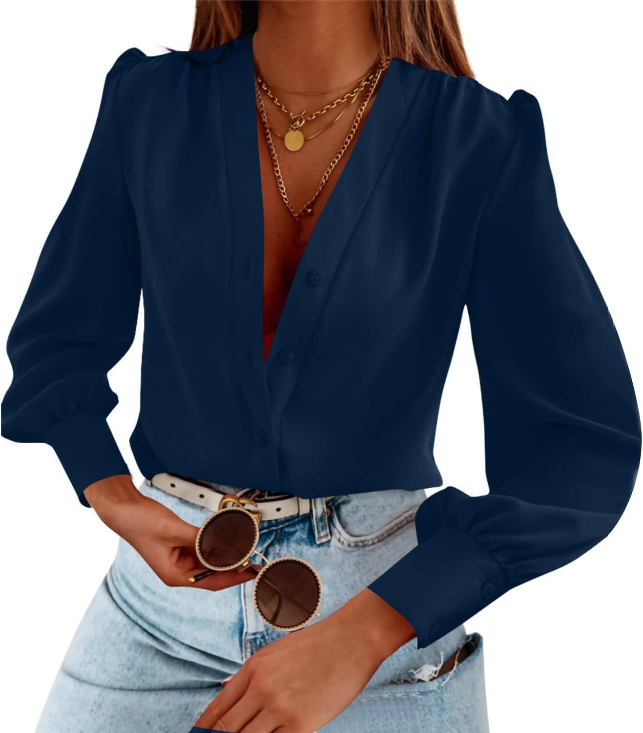 Women's Business Casual Tops Long Sleeve V Neck Chiffon Blouses