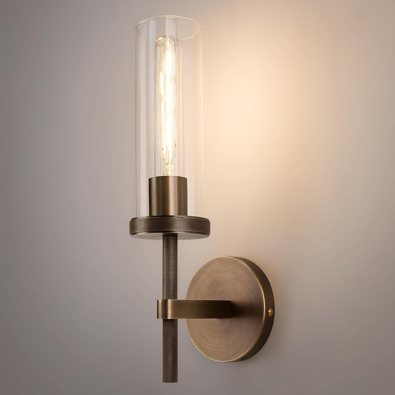 15 Knurled Brass Wall Sconce with Clear Glass Tube for Home