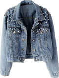 Women's Embroidered Pearl Denim Jean Jacket Coat - Cropped Distressed