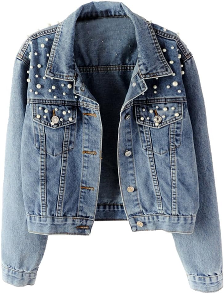 LifeShe Women's Embroidered Pearl Denim Jean Jacket for Style