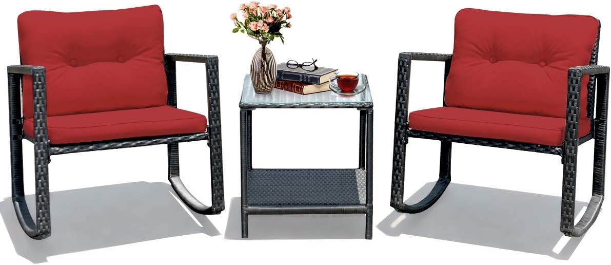 Tangkula 3 Pieces Patio Wicker Rocking Bistro Set for Outdoors