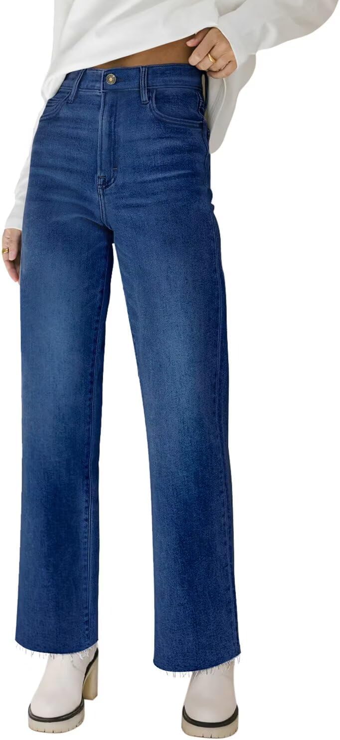 KDF High Waisted Straight Leg Jeans with Frayed Hem Design