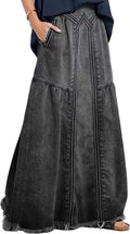Women's Long Denim Maxi Skirt - Elastic High Waist Frayed Hem