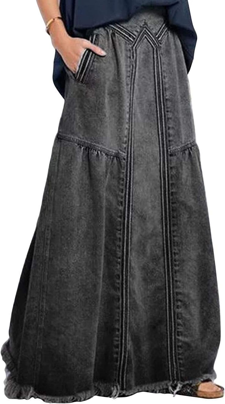 ebossy Women's Casual Elastic Waist Frayed Hem Maxi Denim Skirt
