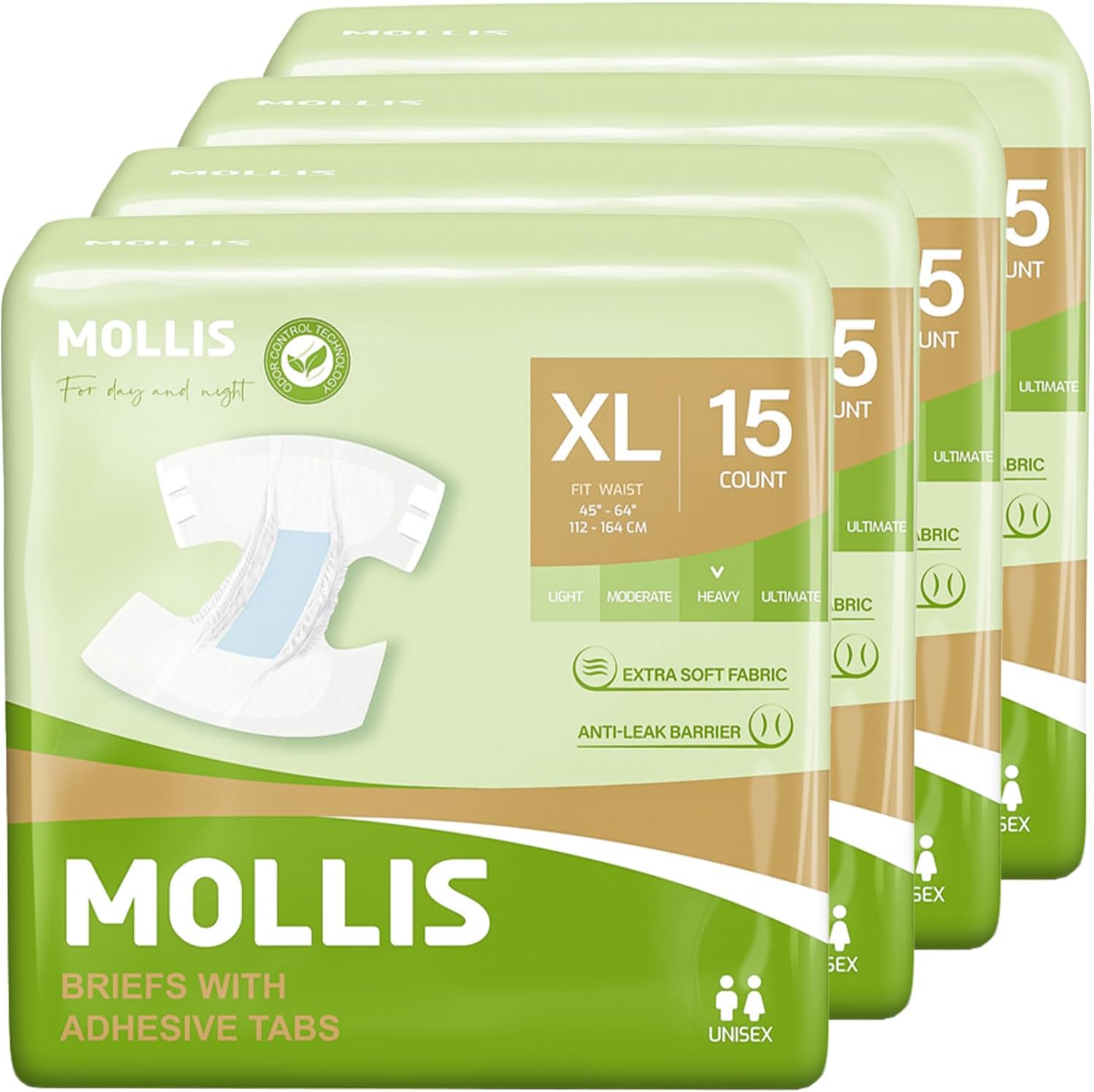 MOLLIS XLarge Incontinence Briefs, Odor Control, 240ct