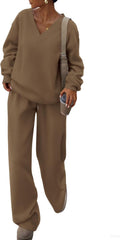 Casual Winter Two Piece Sets for Women - Comfortable V Neck Tracksuit