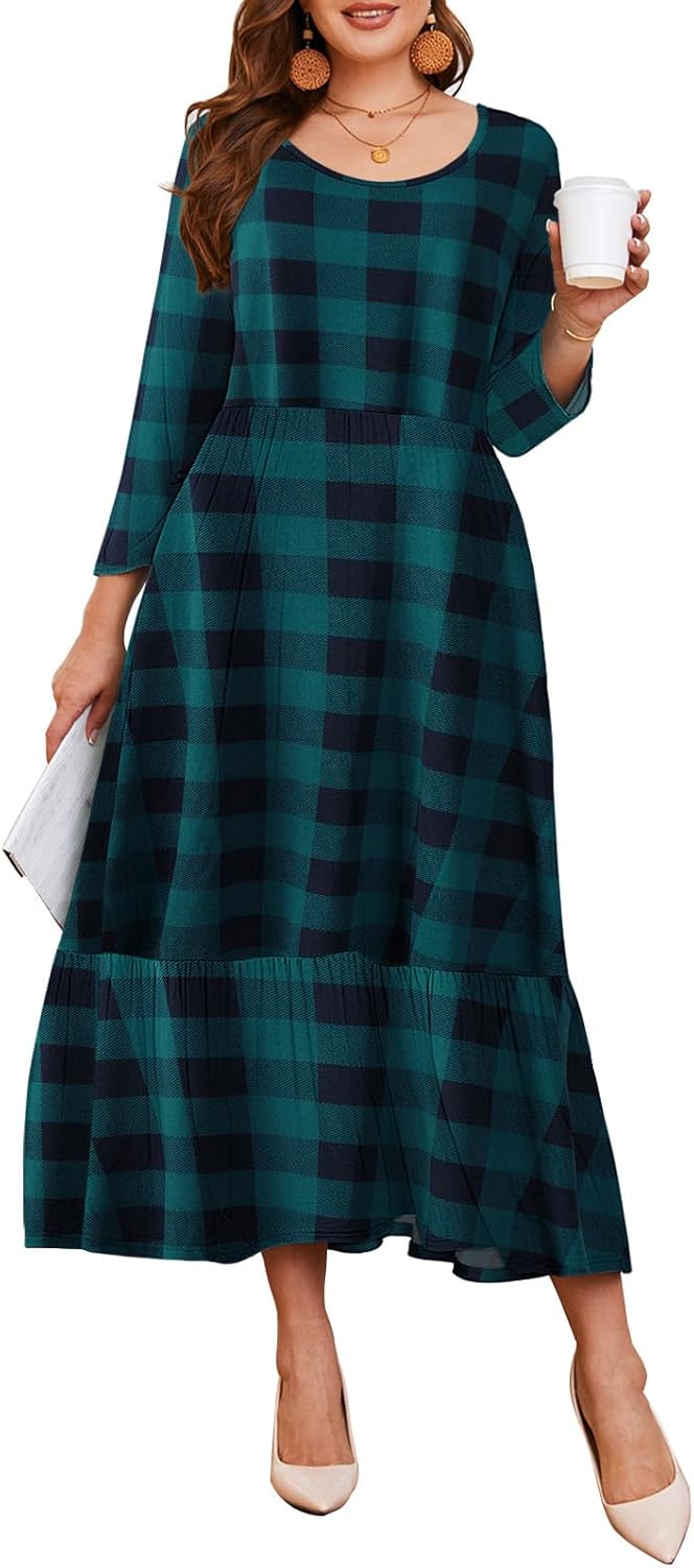 LARACE Plus Size 3/4 Sleeve Casual Maxi Dress with Pockets