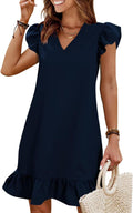 Spring Summer V Neck Ruffle Hem Smock Dress - Casual Beachwear