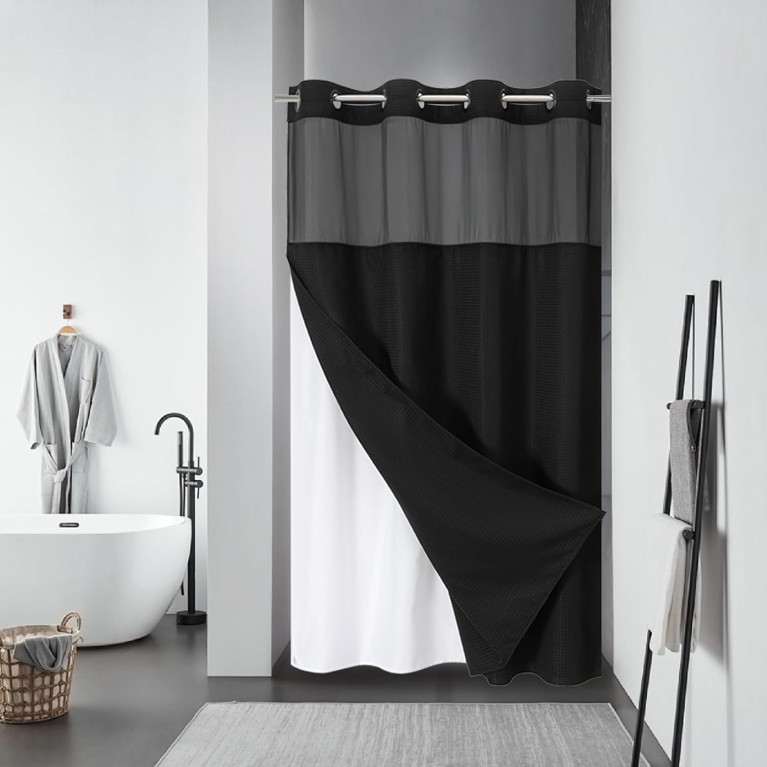 Stall Black No Hook Waffle Weave Shower Curtain for Bathroom