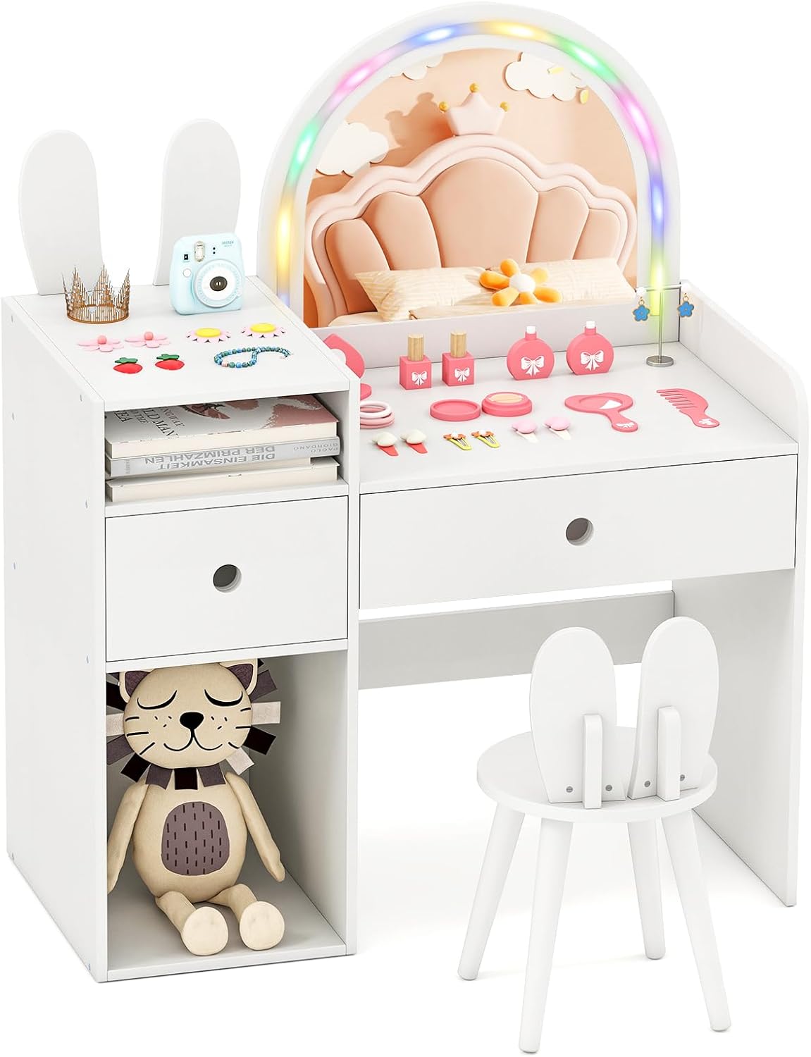 Costzon Kids Vanity Set with Mirror, Stool, and Lights for Girls