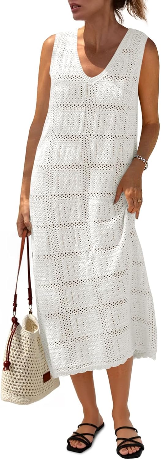 Fisoew Womens Crochet Sleeveless Dress for Summer Beach Style