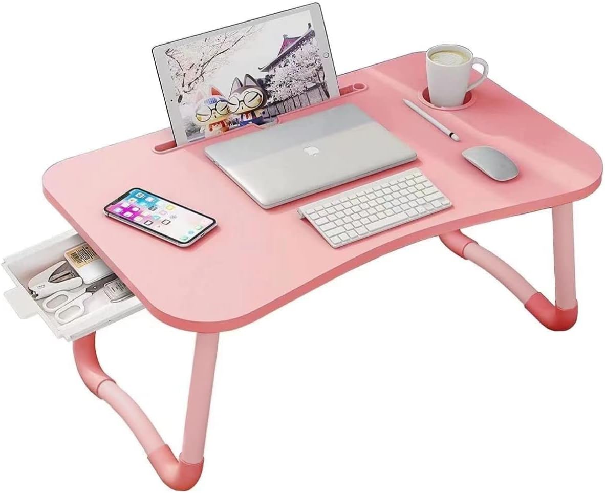 Foldable Laptop Bed Table - Pink - Storage Drawer & Cup Holder