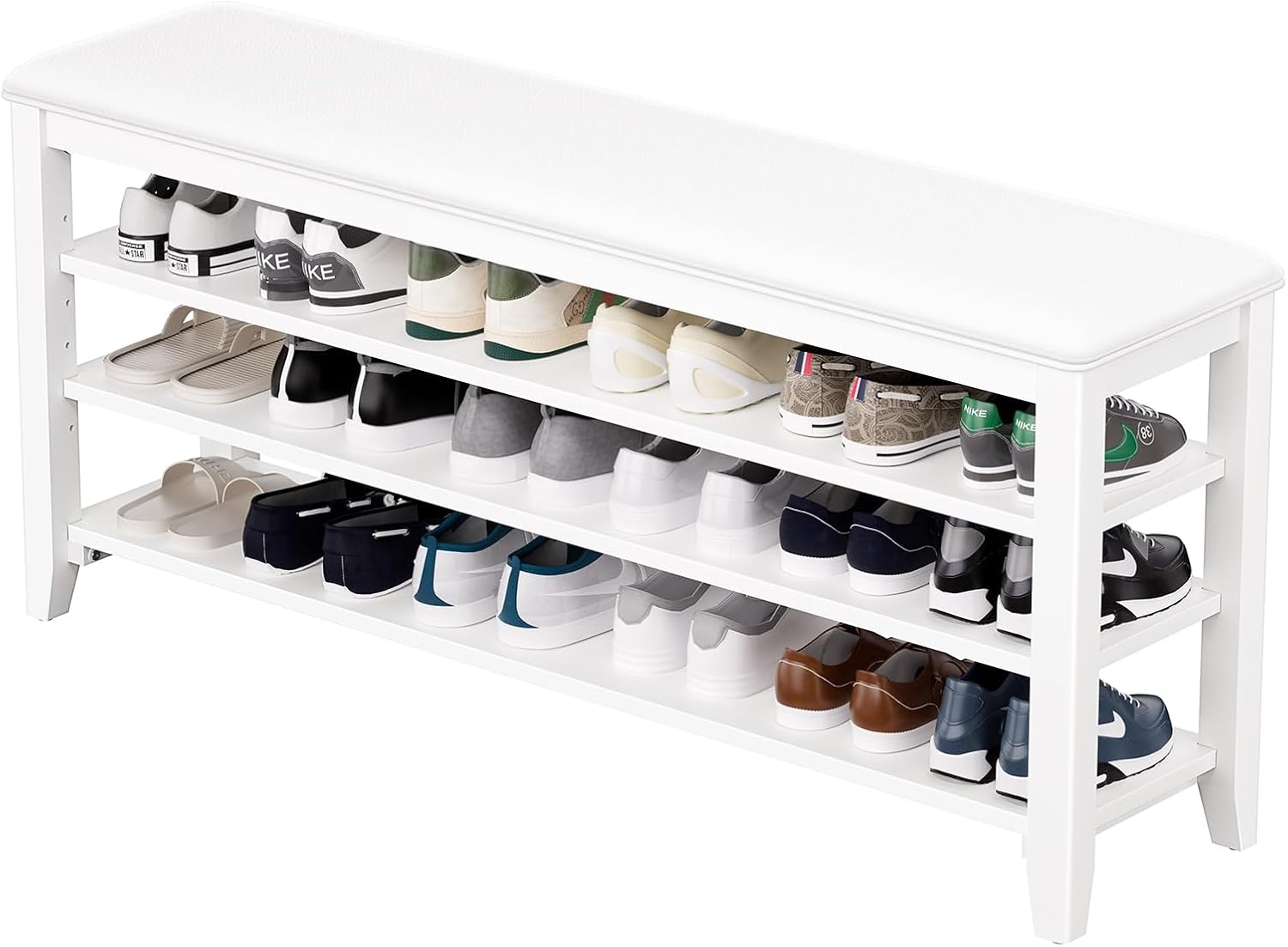 Shoe Bench Storage Rubberwood with Leather Cushion for Entryway