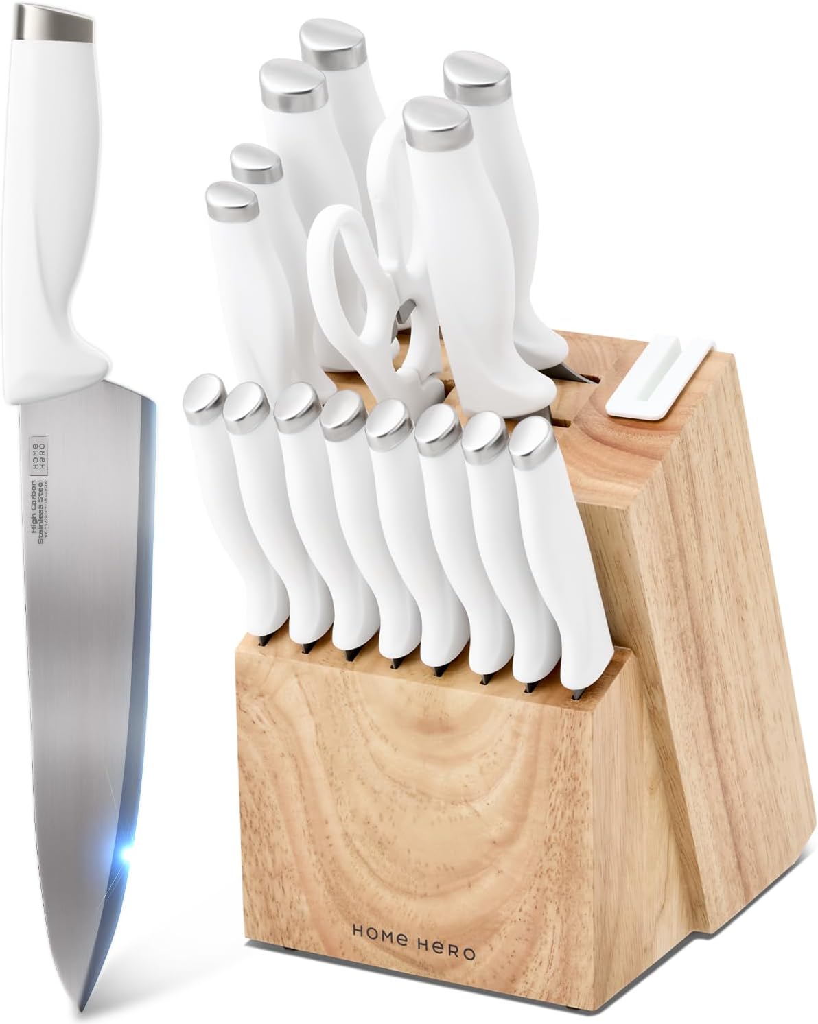 Home Hero Kitchen Knife Set with Sharpener - 16 Pcs White