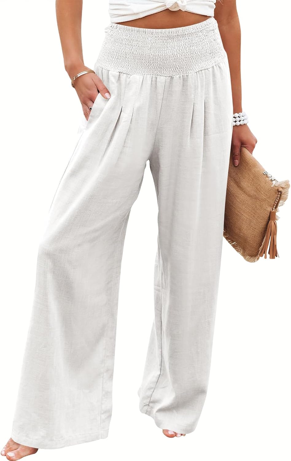 Linen Palazzo Pants for Women - Boho Wide Leg High Waist Style