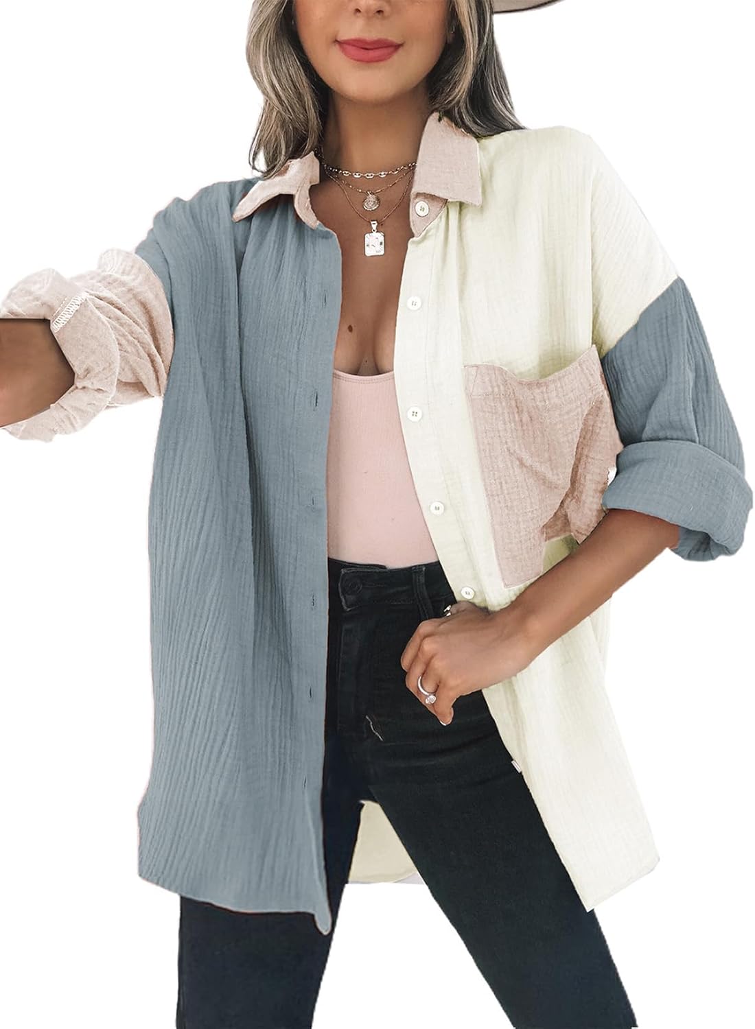 Dokotoo Womens Color Block Button Down Oversized Blouses