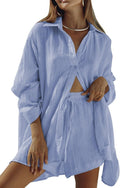 Women 2 Piece Button Down Blouse and Shorts Set - Casual Summer