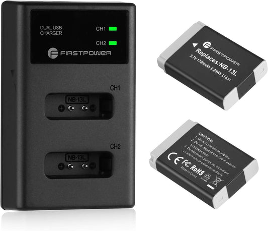 FirstPower NB-13L Battery and Dual USB Charger for Canon Cameras