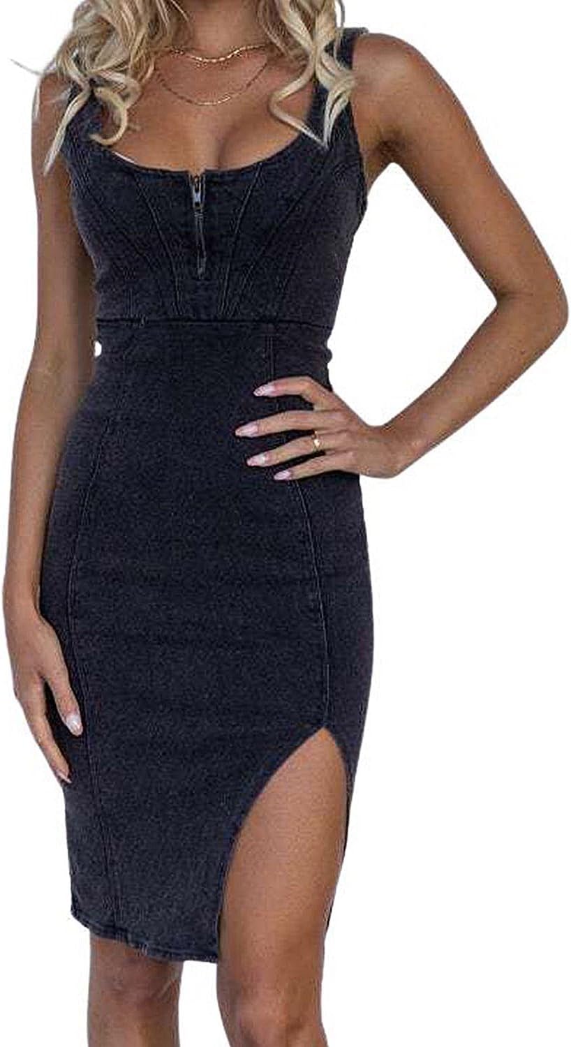 Stylish Denim Dress for Women with Side Slit and Bodycon Fit