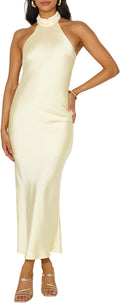 Satin Halter Neck Backless Maxi Dress for Women - Elegant Tie Cowl