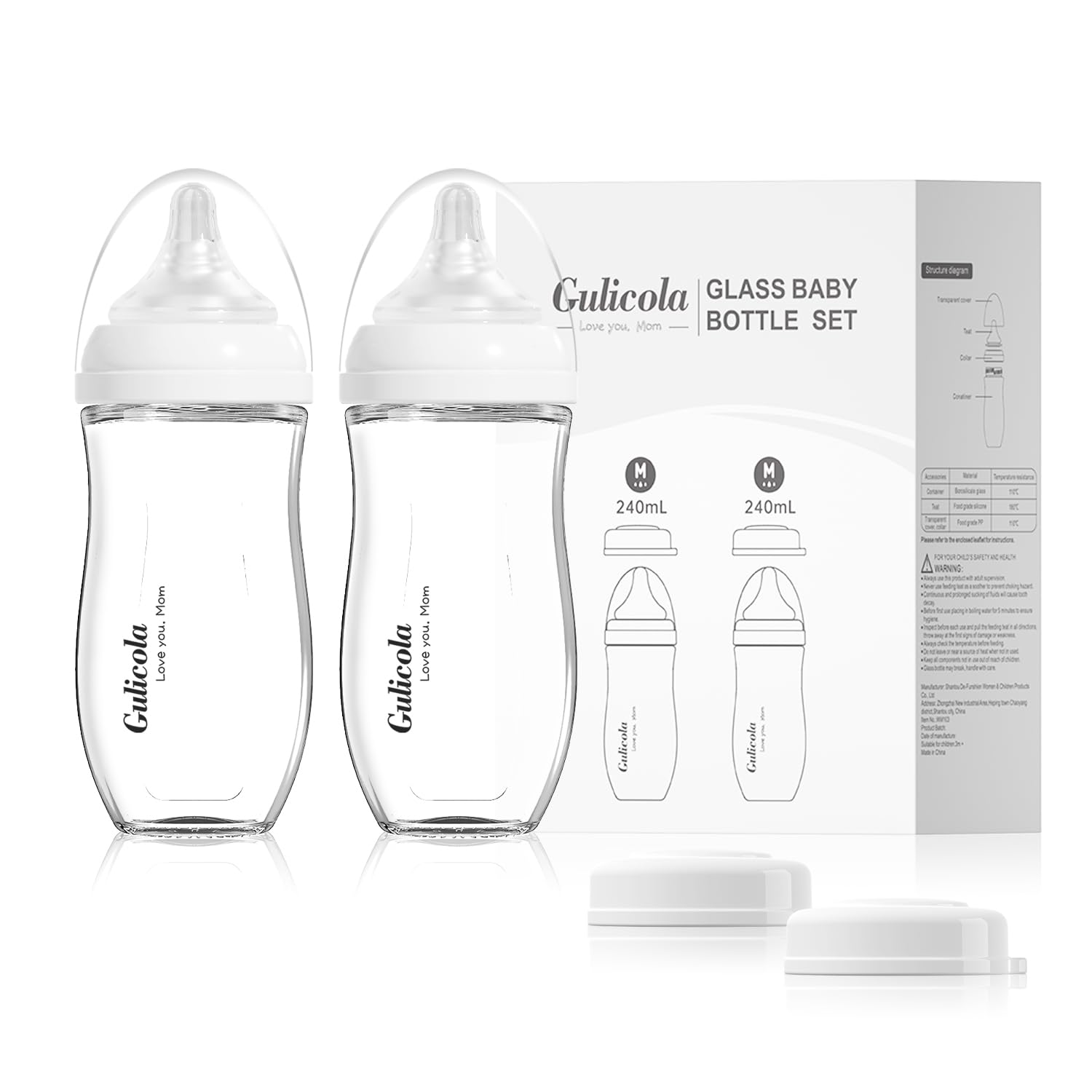 Anti-Colic Glass Baby Bottles, Medium Flow Nipple, 2 Pack - White
