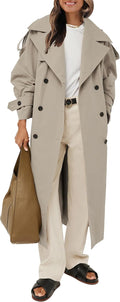 Farktop Womens Oversized Long Trench Coat Double Breasted (Style QFYH)