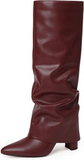 Knee High Boots for Women Fold Over PU Leather Chunky Heels