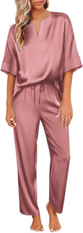 Satin Pajama Set for Women V Neck Short Sleeve with Long Pant