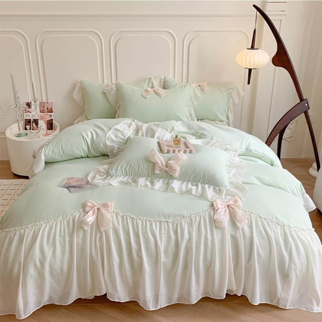 Girls Lace Bedding Queen Comforter Cover Set Chic Ruffled Design