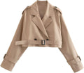 Womens Cropped Bike Trench Coat with Belt - Casual Double Breasted