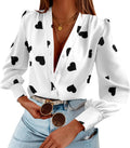 Women's Heart Print Satin Button Down Blouse - Lightweight V Neck