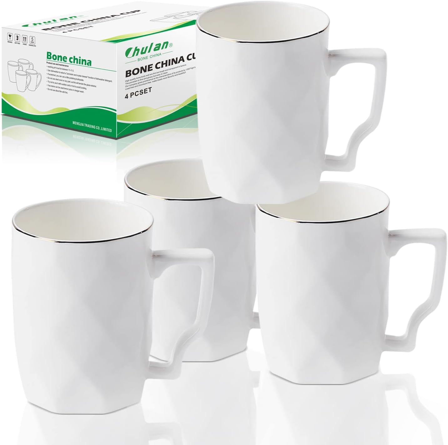 12 oz White Coffee Cups Set of 4 - Fine Bone China Mugs