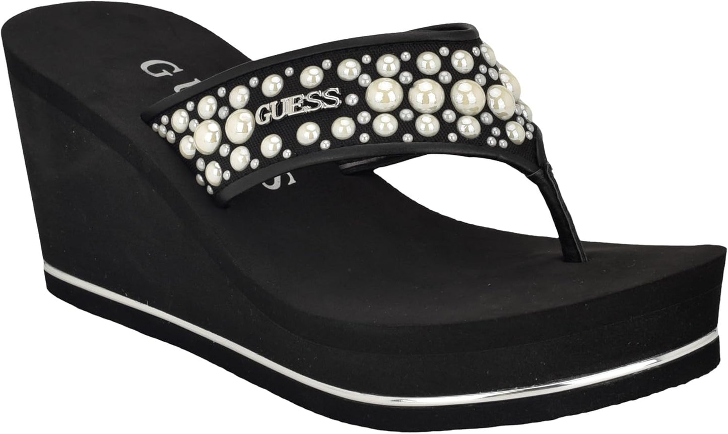 GUESS Women's Silus Wedge Sandal with Pearl Strap Details