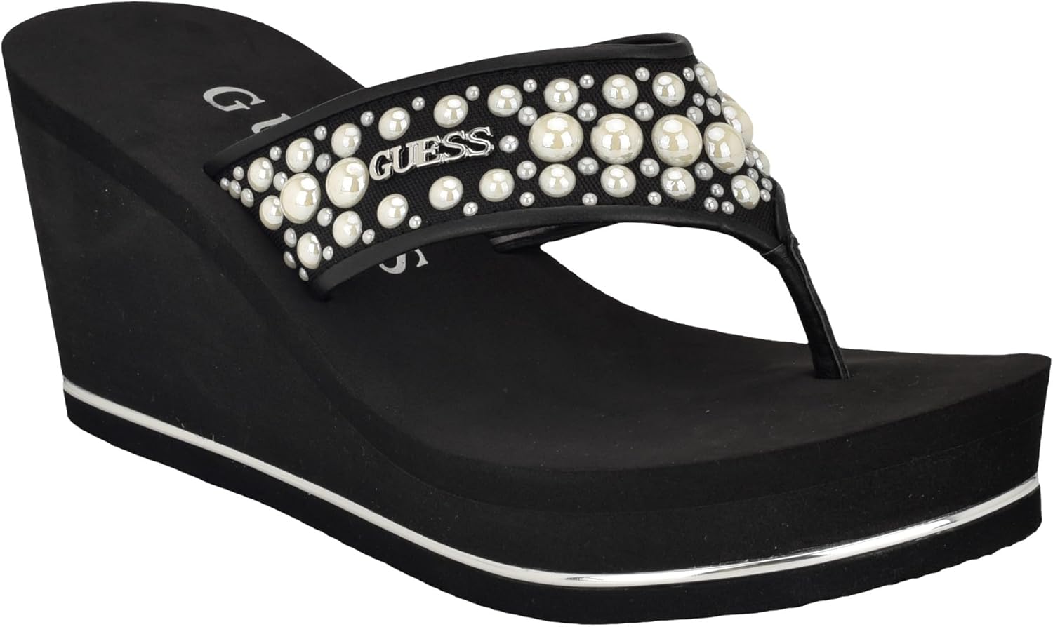 GUESS Women's Silus Wedge Sandal with Pearl Strap Details