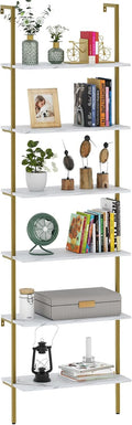 Ladder Shelf 6 Tiers Marble White Modern Bookshelf - Slim Wall-Mount