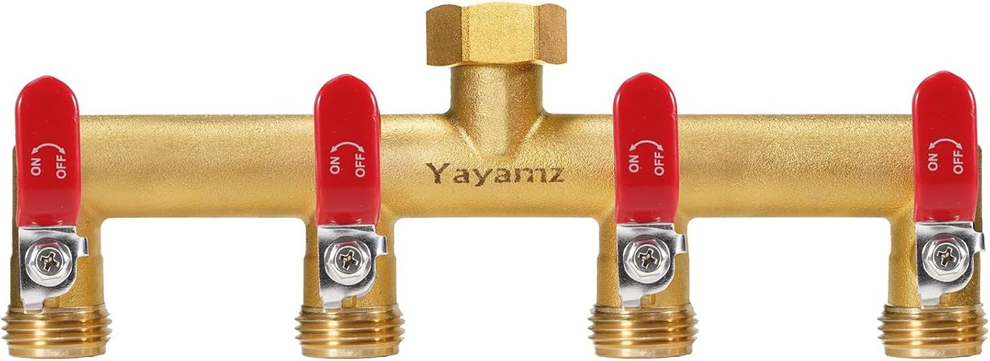 Garden Hose Splitter, Heavy Duty Brass 4-Way Valve for Outdoors