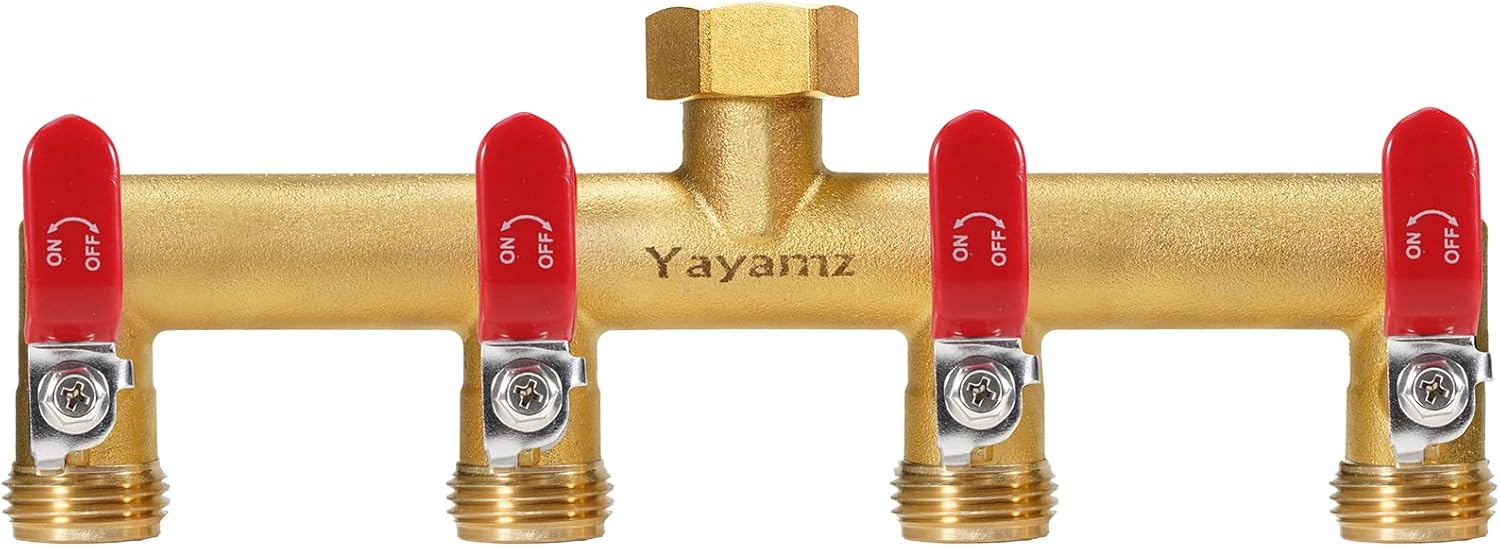 Garden Hose Splitter, Heavy Duty Brass 4-Way Valve for Outdoors
