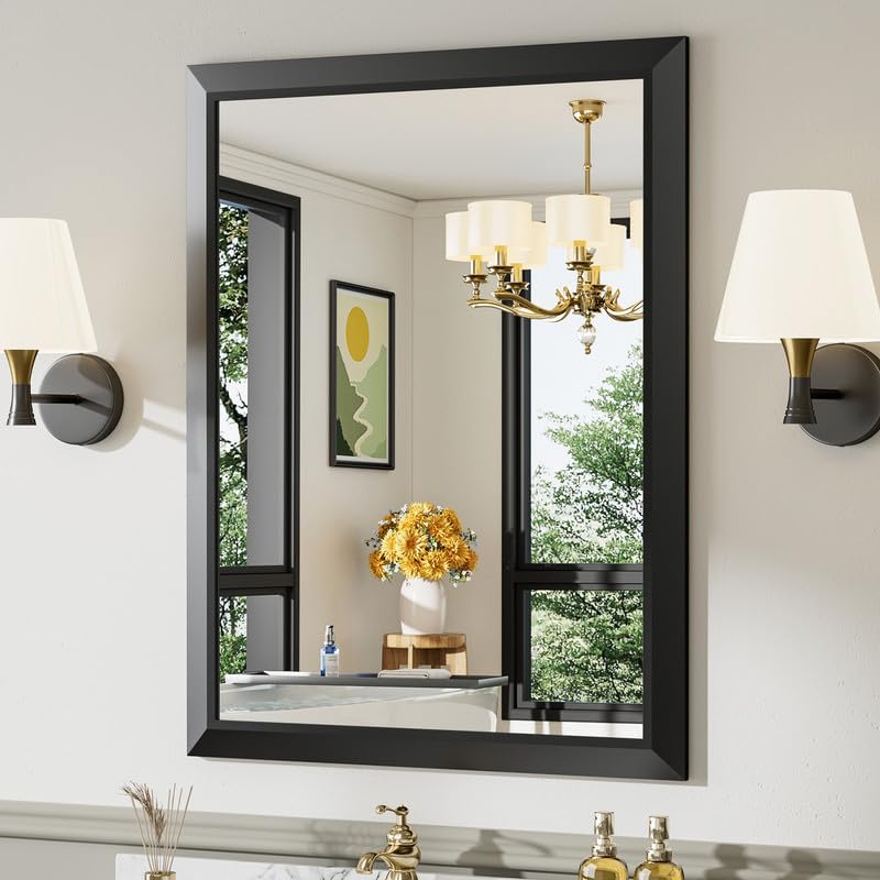 28x36 Inch Black Bathroom Mirror with Thick Metal Frame