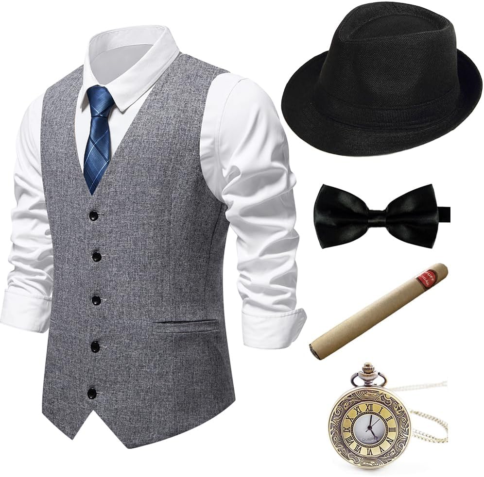 Gatsby Gangster Vest Fedora Hat Suspenders Bow Tie Set for Men