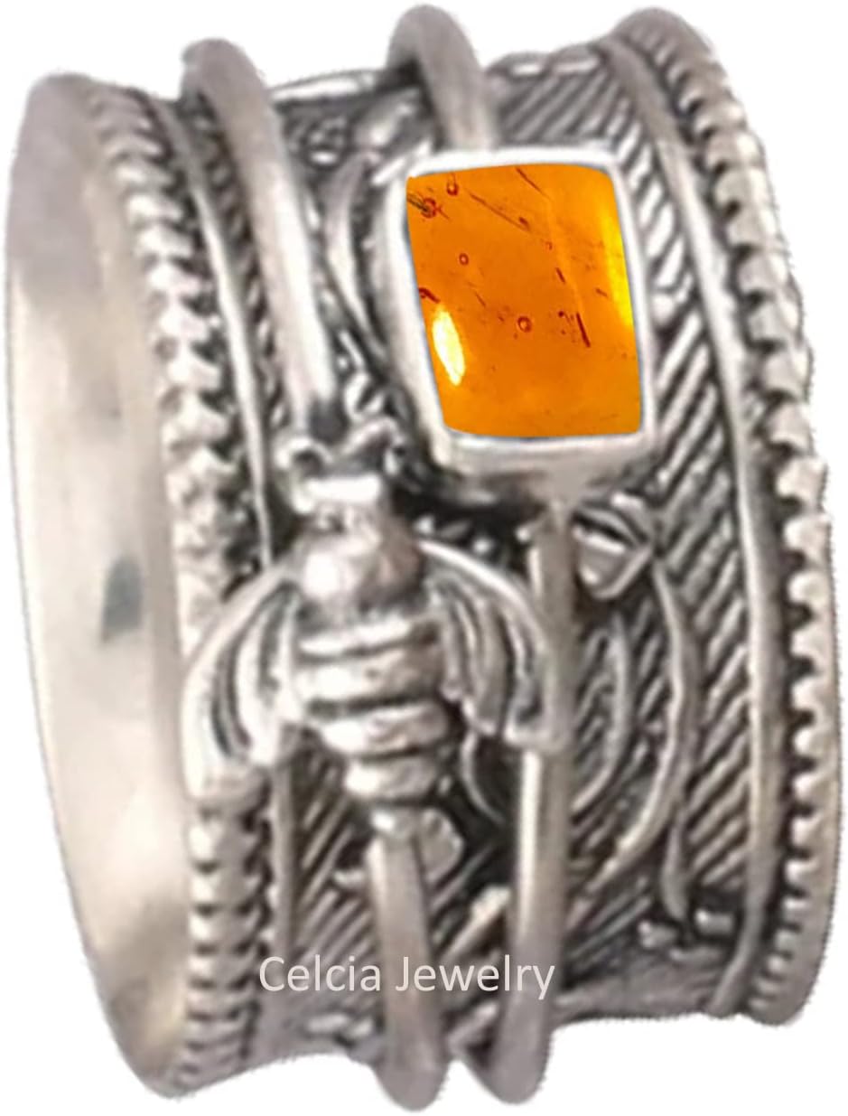 Solid 925 Sterling Silver Honey Bee Spinner Meditation Ring