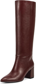 Knee High Boots Women Chunky Heel Pointed Toe - Burgundy Tall Boot