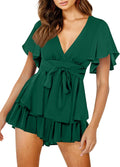 Floral Deep V-Neck Romper with Ruffle Hem - Flattering Summer Fit