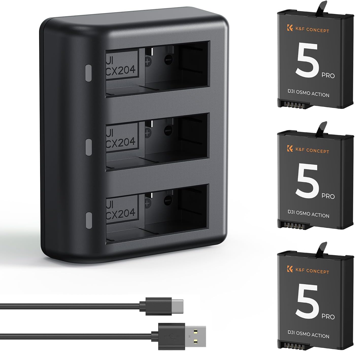 K&F CONCEPT Osmo Action 5 Pro Battery Charger with 3-Pack Batteries