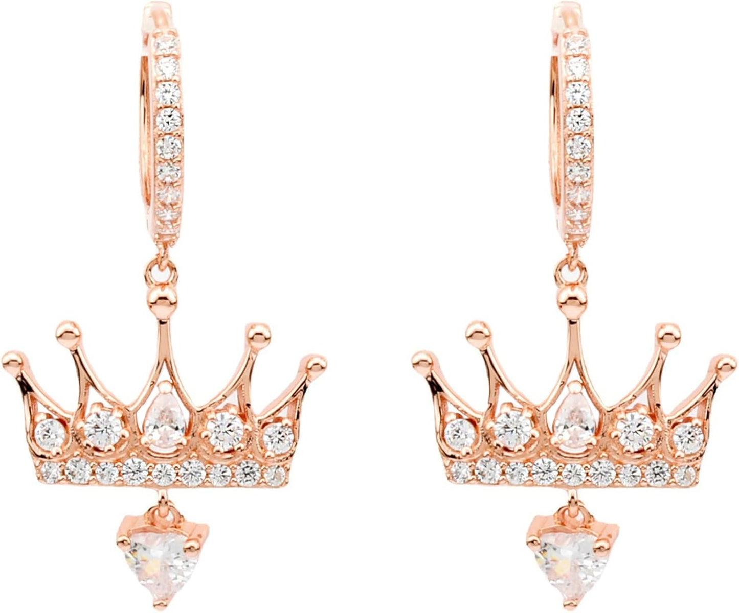 925 Sterling Silver Cubic Zirconia Crown Dangle Hoop Earrings