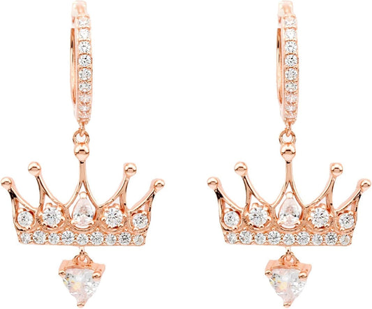 925 Sterling Silver Cubic Zirconia Crown Dangle Hoop Earrings