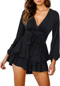 Relipop Womens Floral Print Romper V Neck Long Sleeve Ruffle Hem Shoes