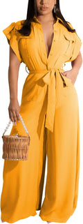Women's Short Sleeve Deep V Wide Leg Jumpsuit - Club to Work