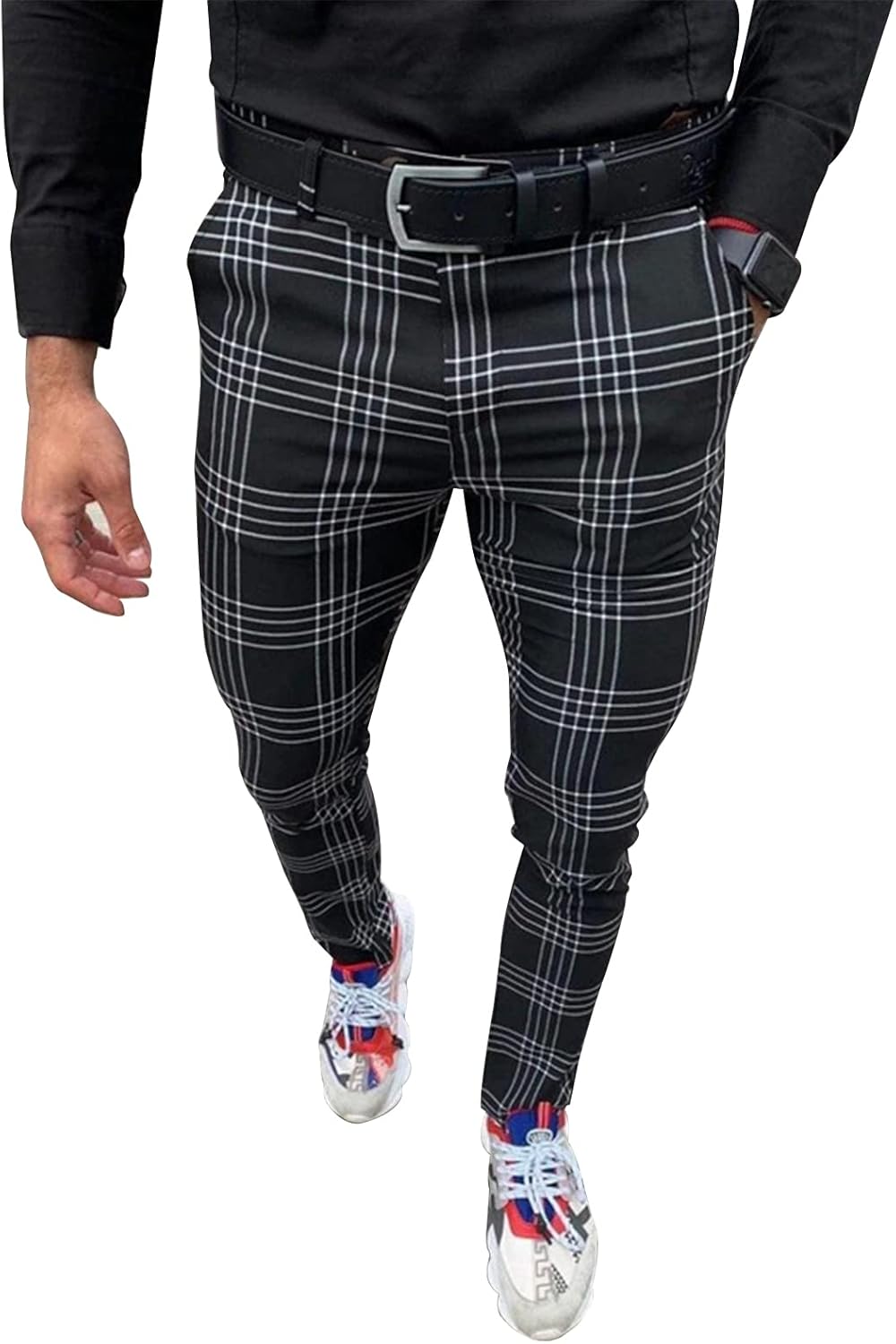 Men's Fashion Stretch Dress Pants Slim Fit Plaid Business Casual